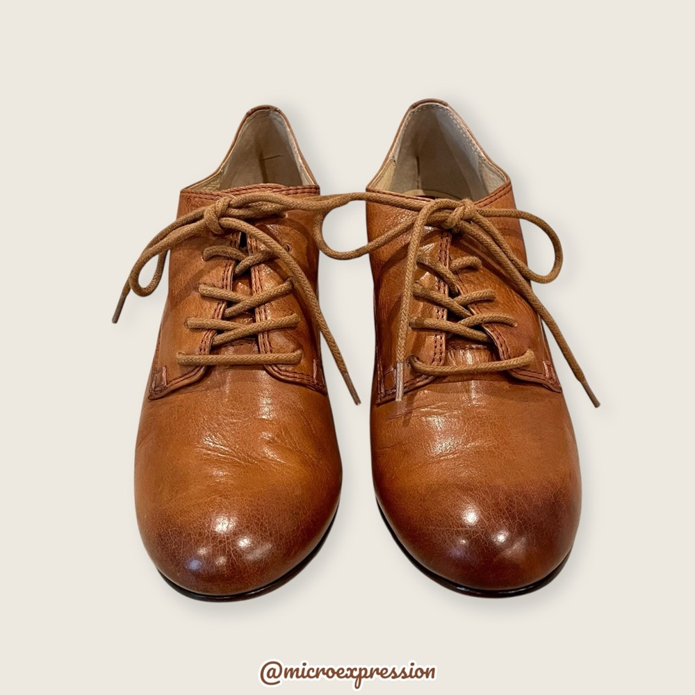 TAYLOR SWIFT Frye Carson Lace-Up Brown Cognac Leather Heeled Oxford Ankle Bootie - Picture 10 of 16